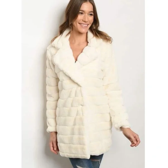 Faux Fur Collared, Long Buttoned Coat Ivory Large - Picture 2 of 6